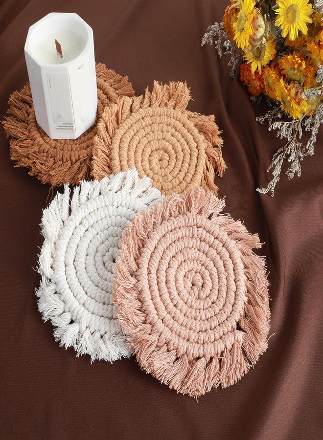 Guduling 4pcs Boho Macrame Coasters, Handmade Woven Coasters with Tassel Edges, for Coffee, Home, Kitchen, Office, Table Decoration - Image 4
